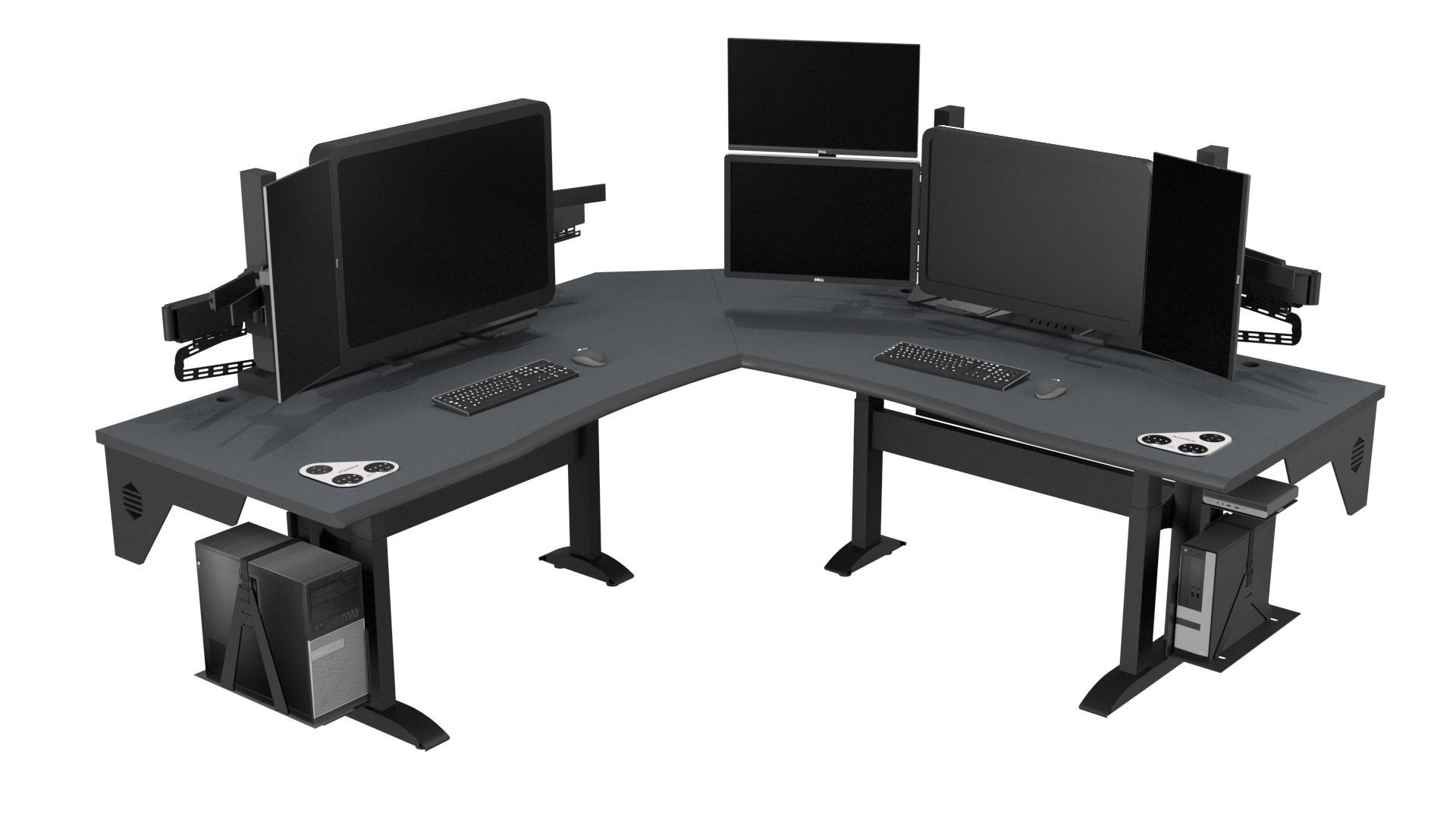ergonomic workspaces for computer desk with a few monitors and keyboard